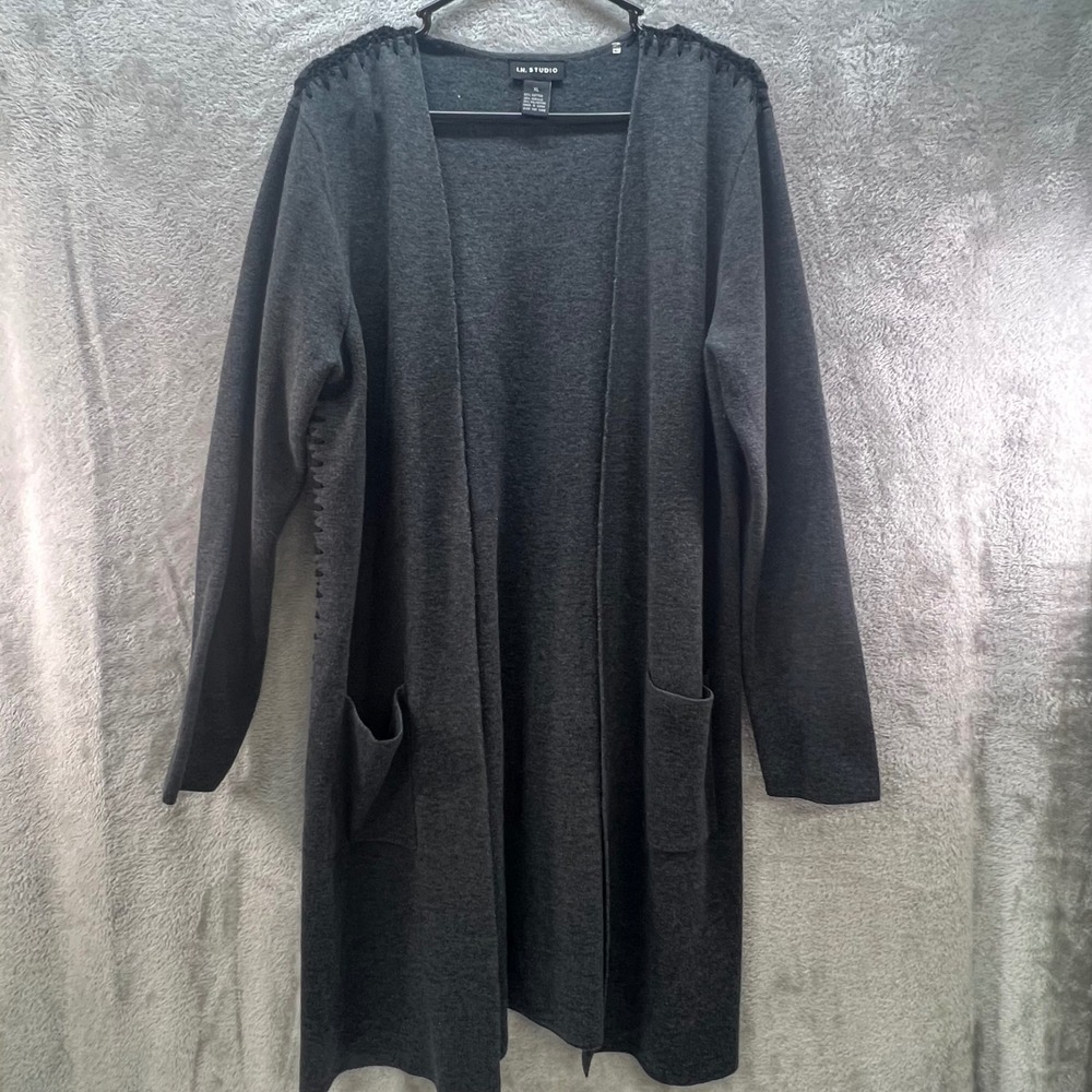 I.N. Studio Womens XL Grey Whipstitch Cardigan Layering Dark Academia Cozy